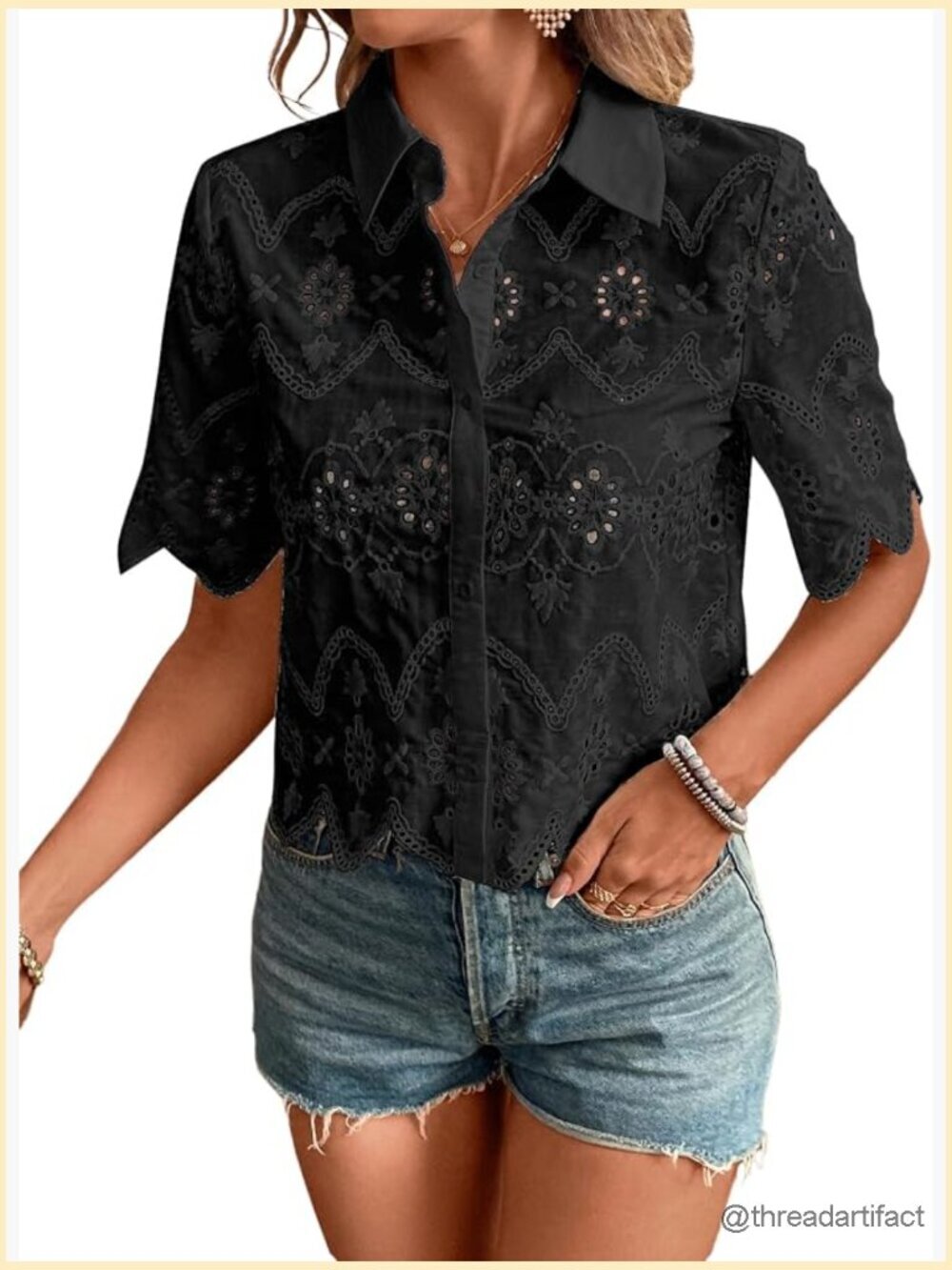 Short Sleeve Button Down Collared Blouse Embroidery Eyelet Top